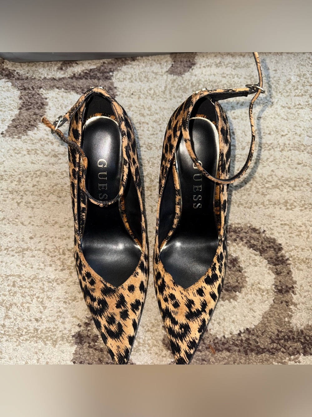 GUESS Leopard-Print Pointed Ankle-Strap Pumps - Brown & Black